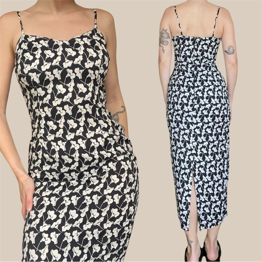 Vintage Paris blues Black and White Floral fitted maxi Dress - made in the USA